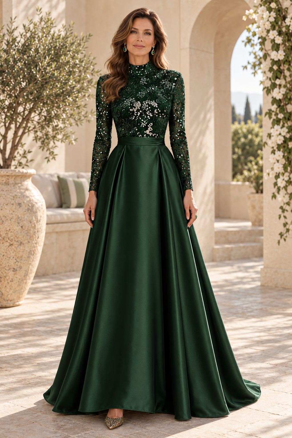 High Neck Sequin Bodice Long Sleeve Satin Gown