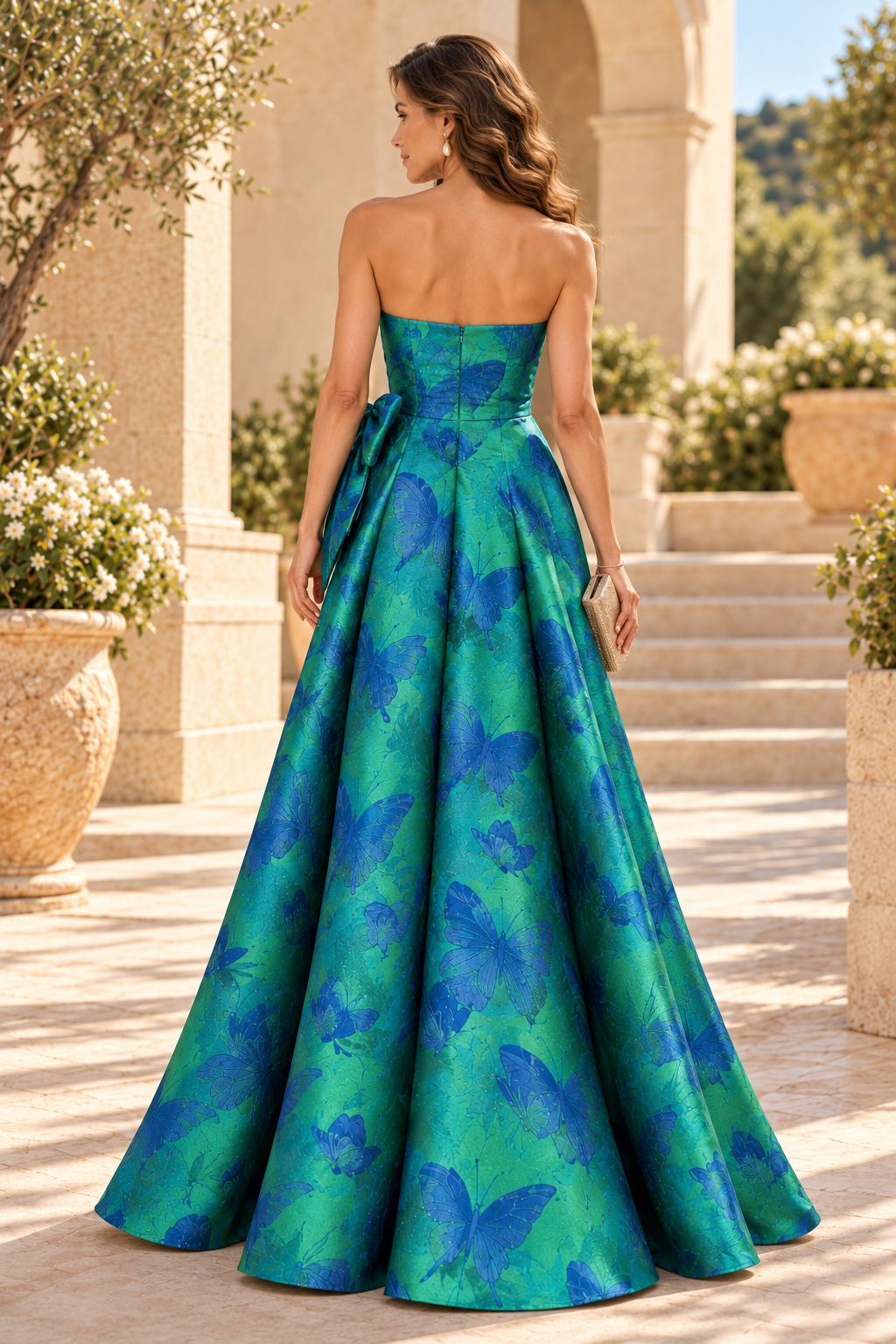 Strapless Butterfly Jacquard A-Line Gown