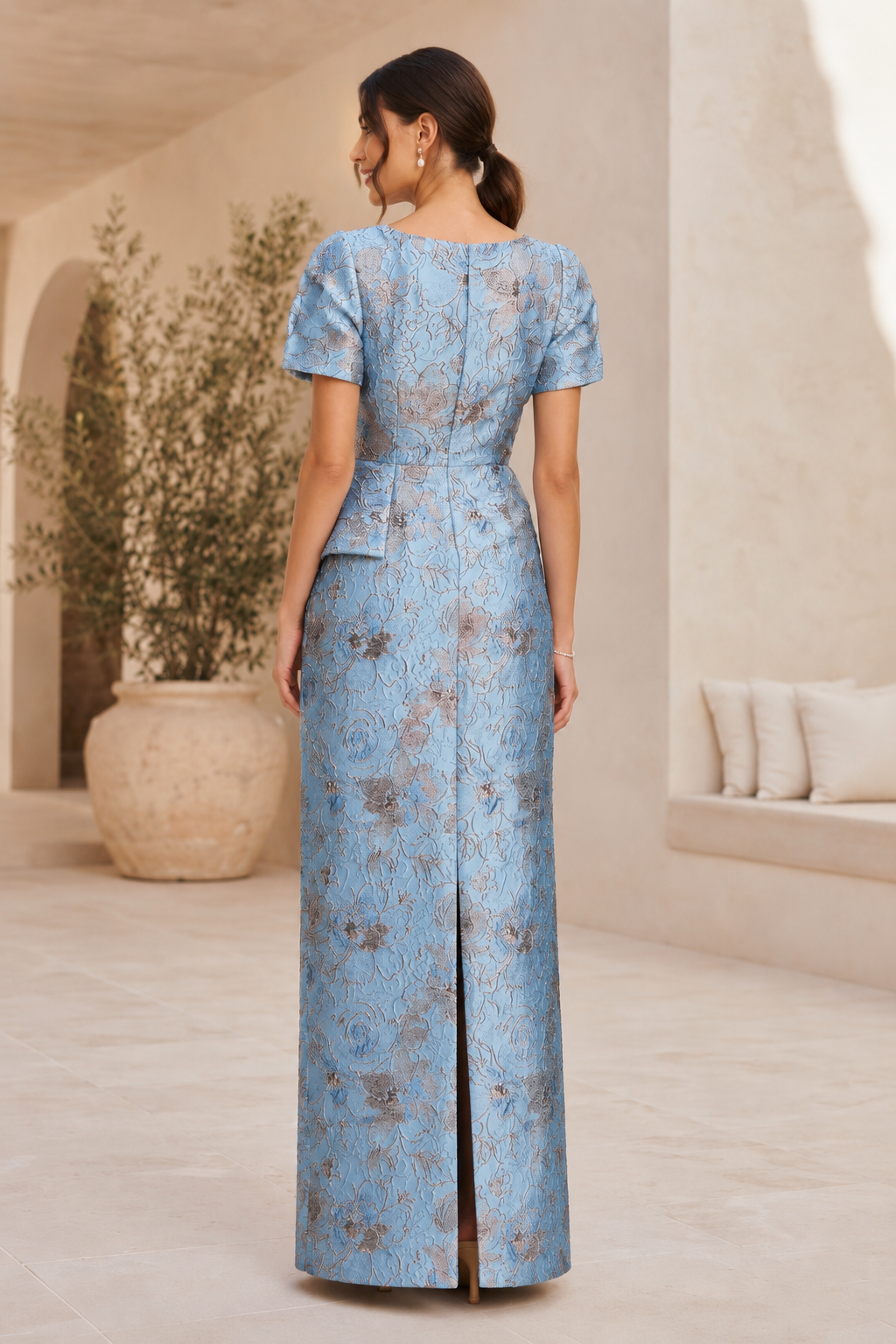 Floral Jacquard Peplum Sheath Evening Gown