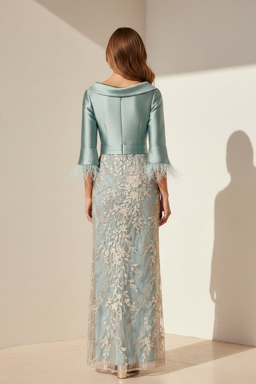 Feather Cuff Mikado & Lace Applique Gown