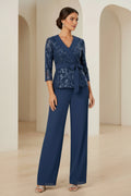 Sequined Lace Two-Piece Pantsuit with Wide-Leg Pants
