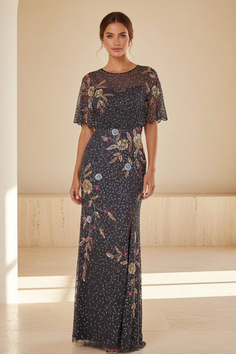 Beaded Capelet Column Gown with Floral Embroidery