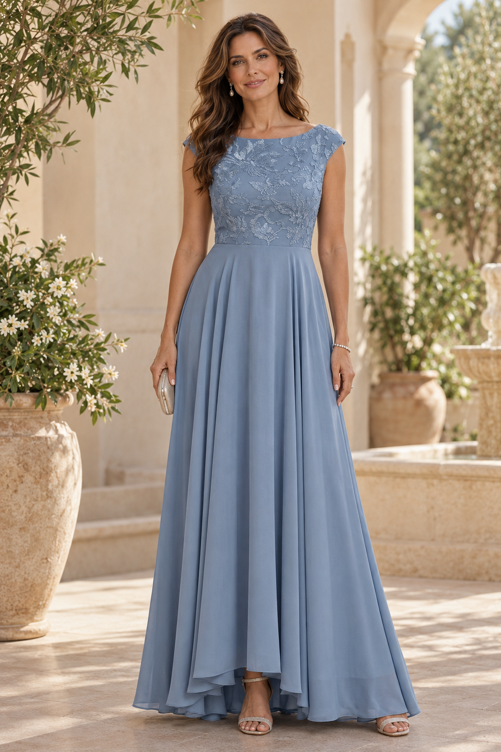 Embroidered Lace Cap Sleeve A-Line Evening Gown