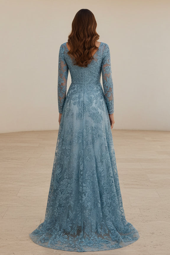 Long Sleeve V-Neck Lace A-Line Evening Gown
