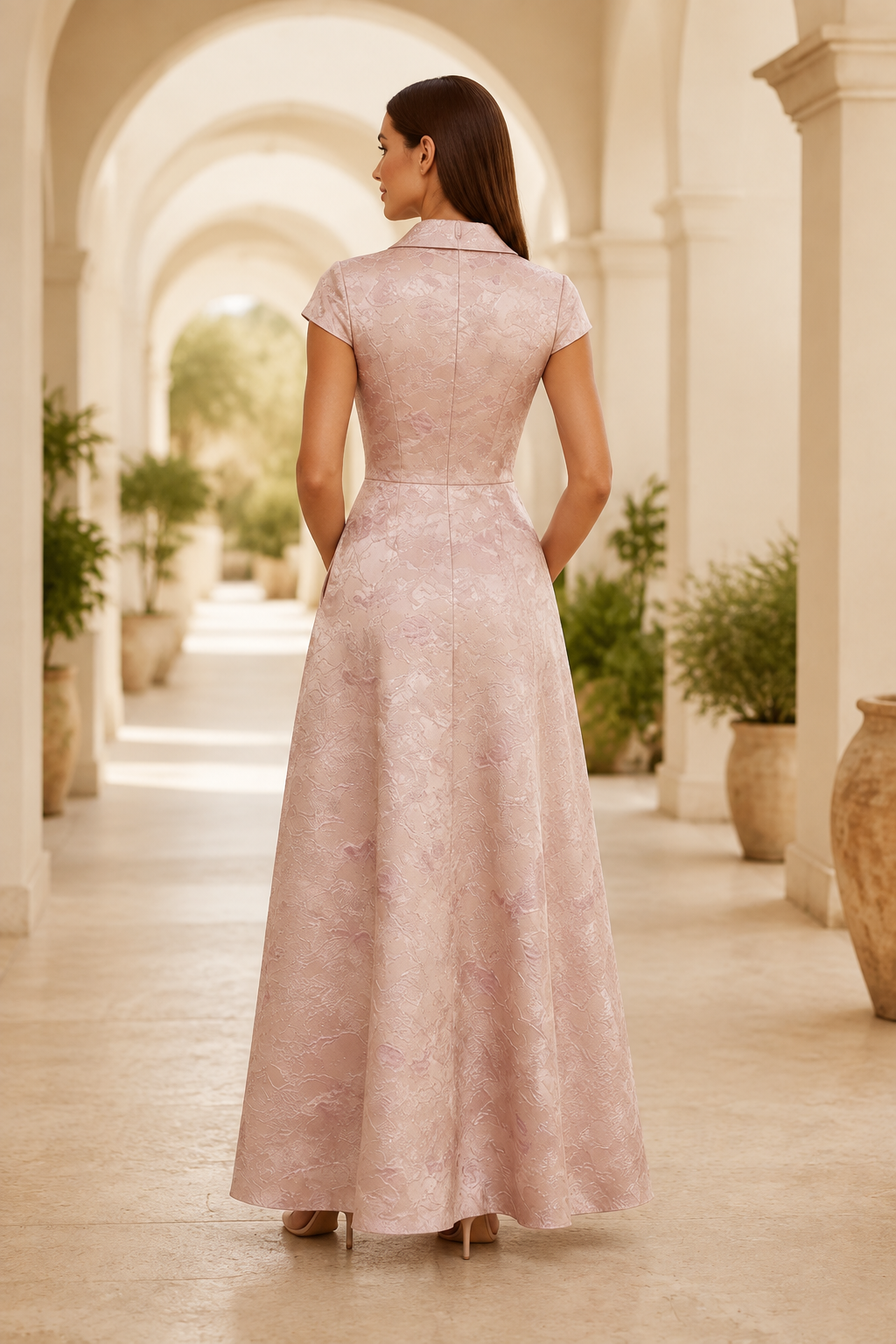 Notched-Collar Jacquard Evening Gown with Cap Sleeves