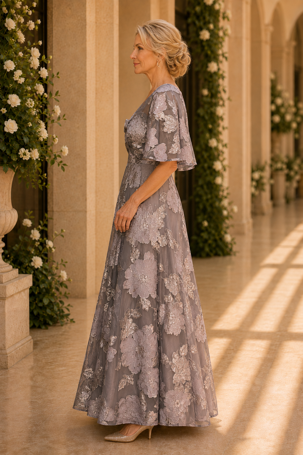 Floral Jacquard Capelet A-Line Evening Gown
