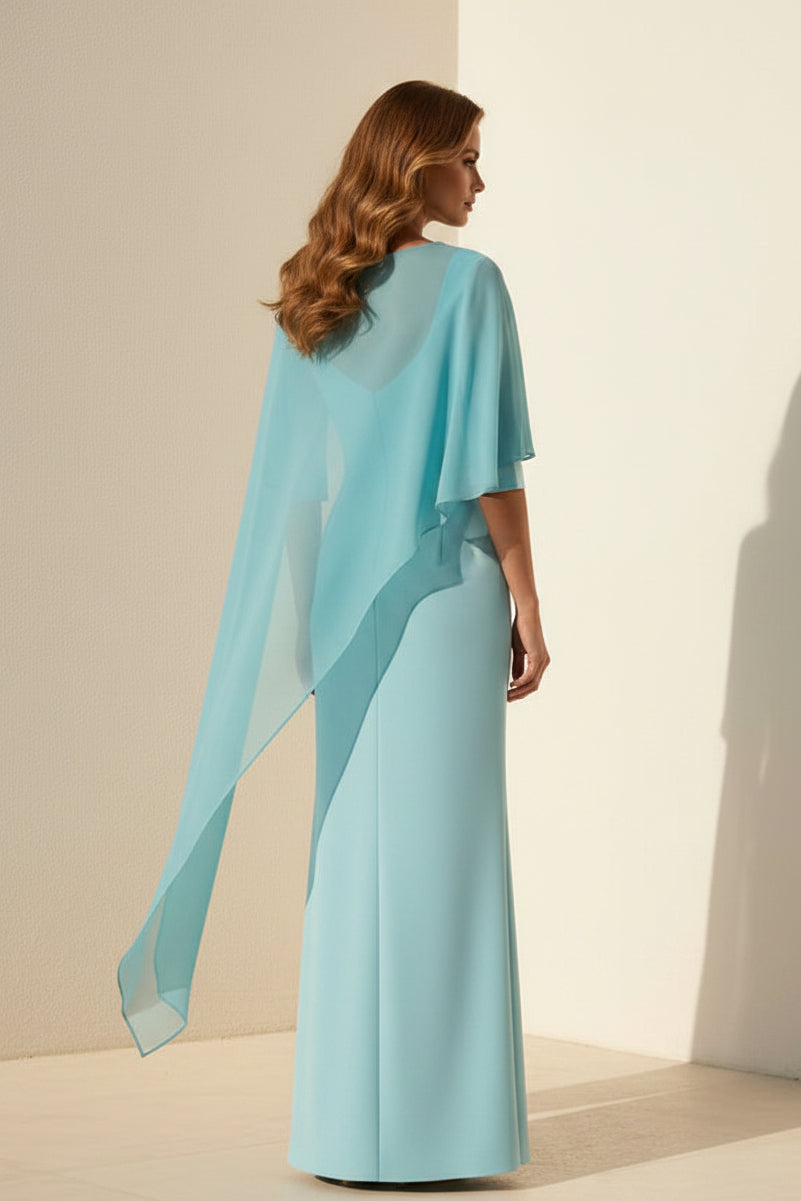 Crepe Sheath Gown with Chiffon Cape & 3D Flower