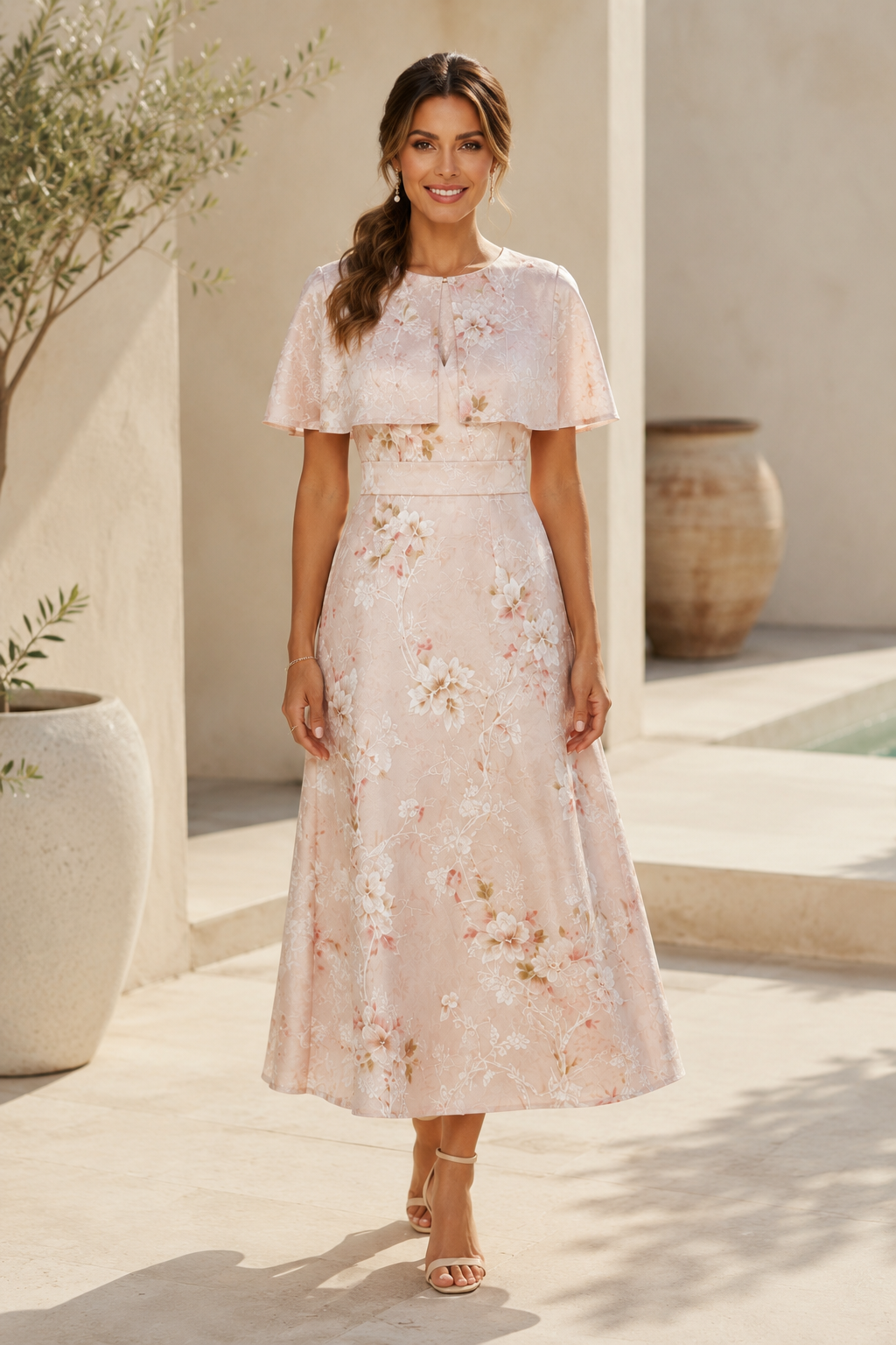 Floral Jacquard Midi Dress with Cape Detail