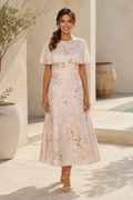 Floral Jacquard Midi Dress with Cape Detail