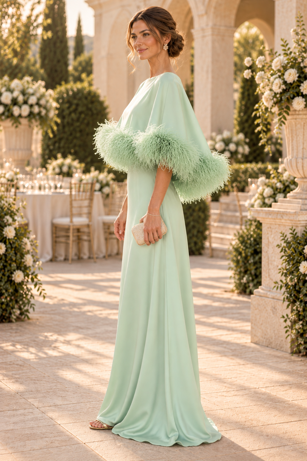 Feather-Trim Capelet Evening Gown