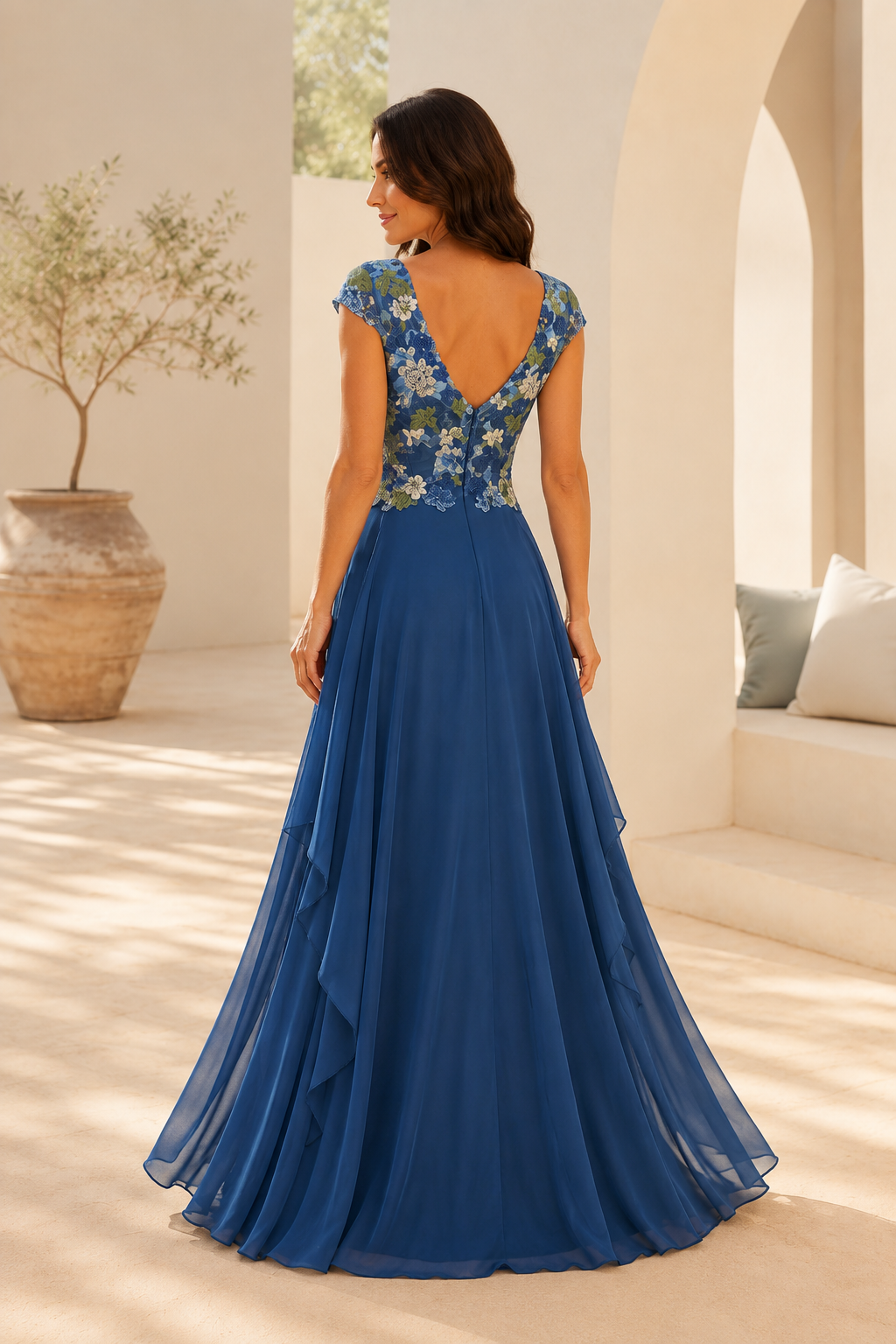 Floral Embroidered A-Line Evening Gown with Cap Sleeves