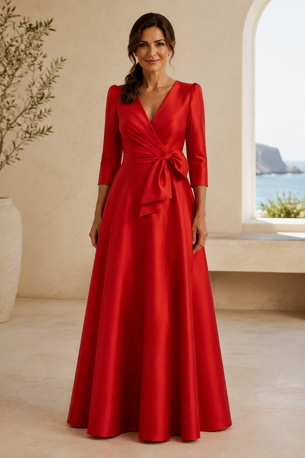 A-Line Satin Evening Gown with Bow Waist