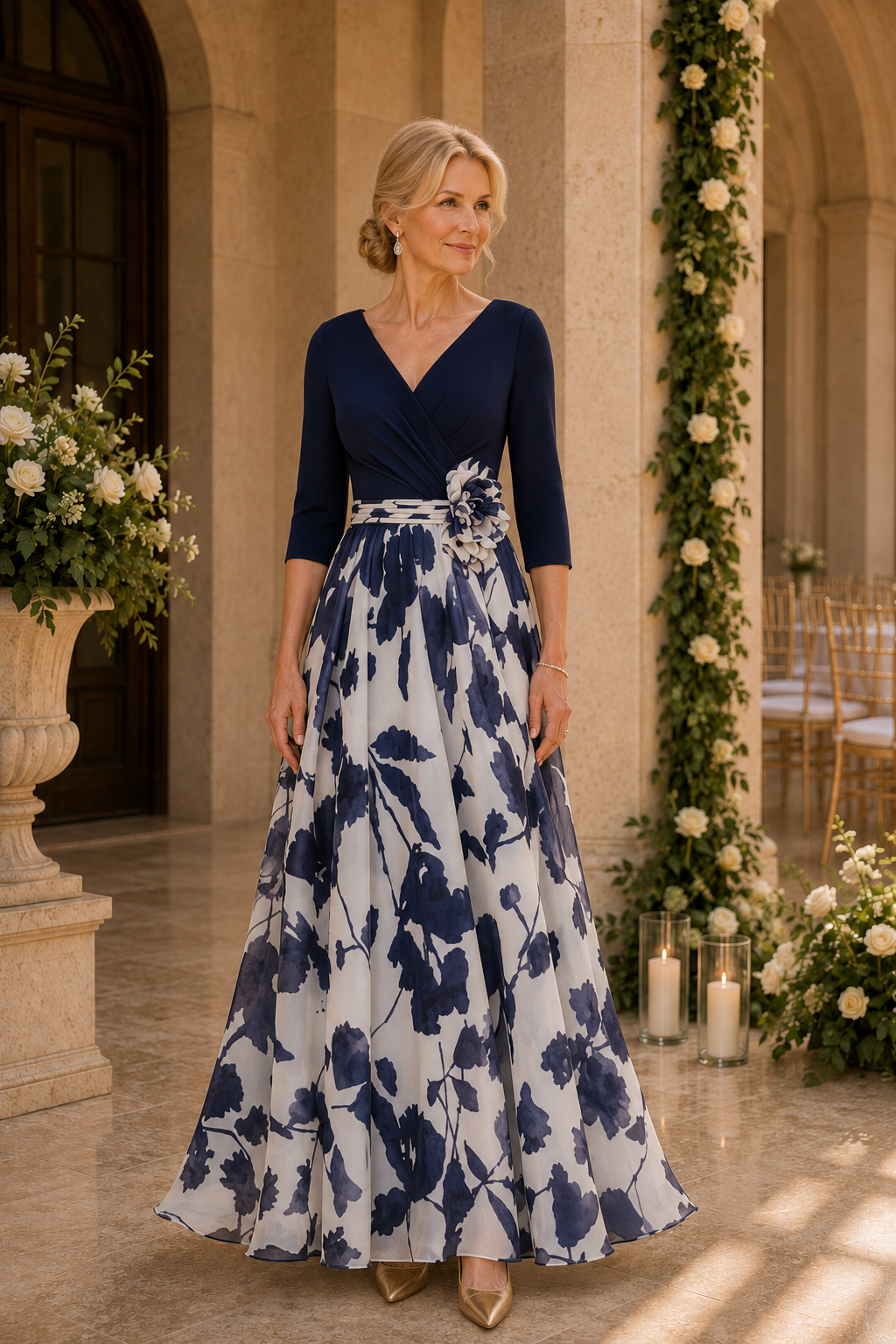 Floral Print A-Line Gown with 3/4 Sleeves