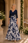 Floral Print A-Line Gown with 3/4 Sleeves