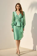 Satin Peplum Dress with Sheer Long Sleeves & Bow