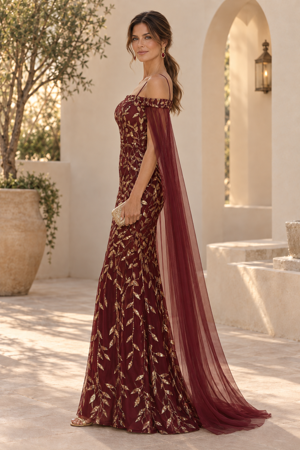 Sequin Leaf Off-Shoulder Gown with Cape Sleeves