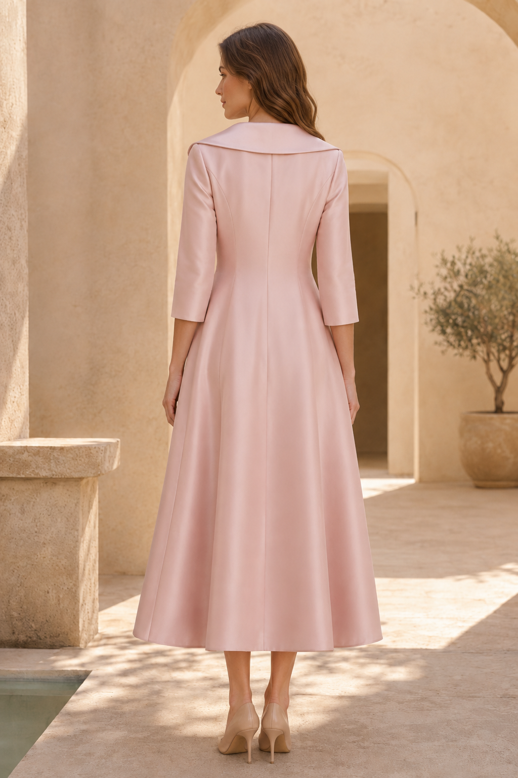 A-Line Coat Dress with Lapel Collar and Bow
