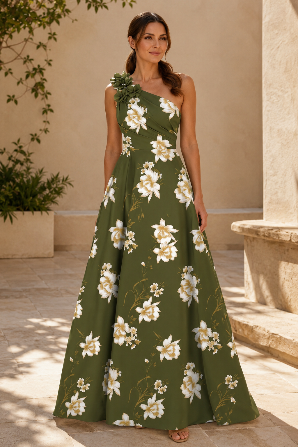 One-Shoulder Floral Satin A-Line Gown