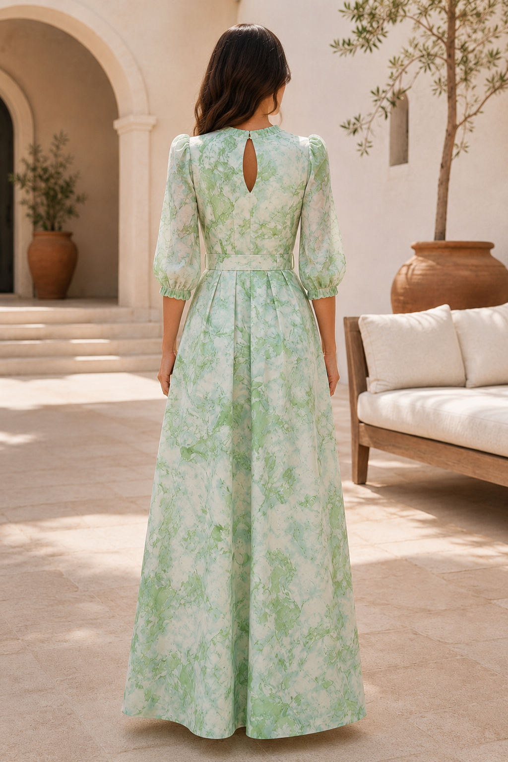 Elegant A-Line Keyhole Printed Maxi Dress
