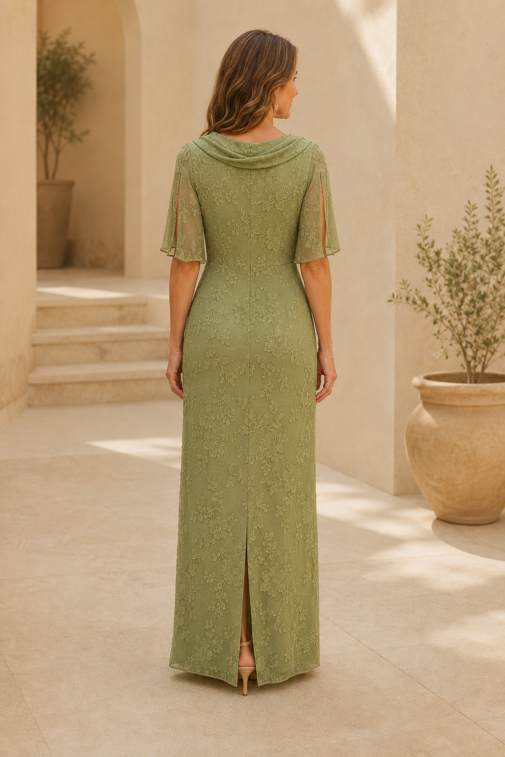 Cowl Neck Lace Maxi Dress with Flutter Sleeves