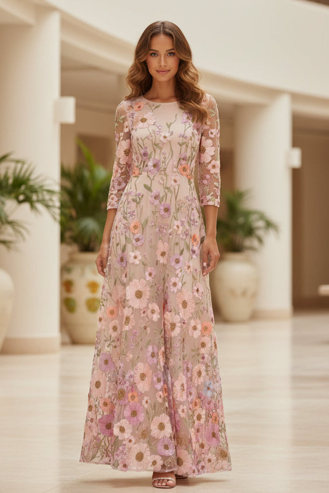 Floral Embroidered Mesh A-Line Formal Maxi Dress