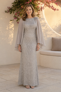 Sequined Sheath Gown with Embellished Cape