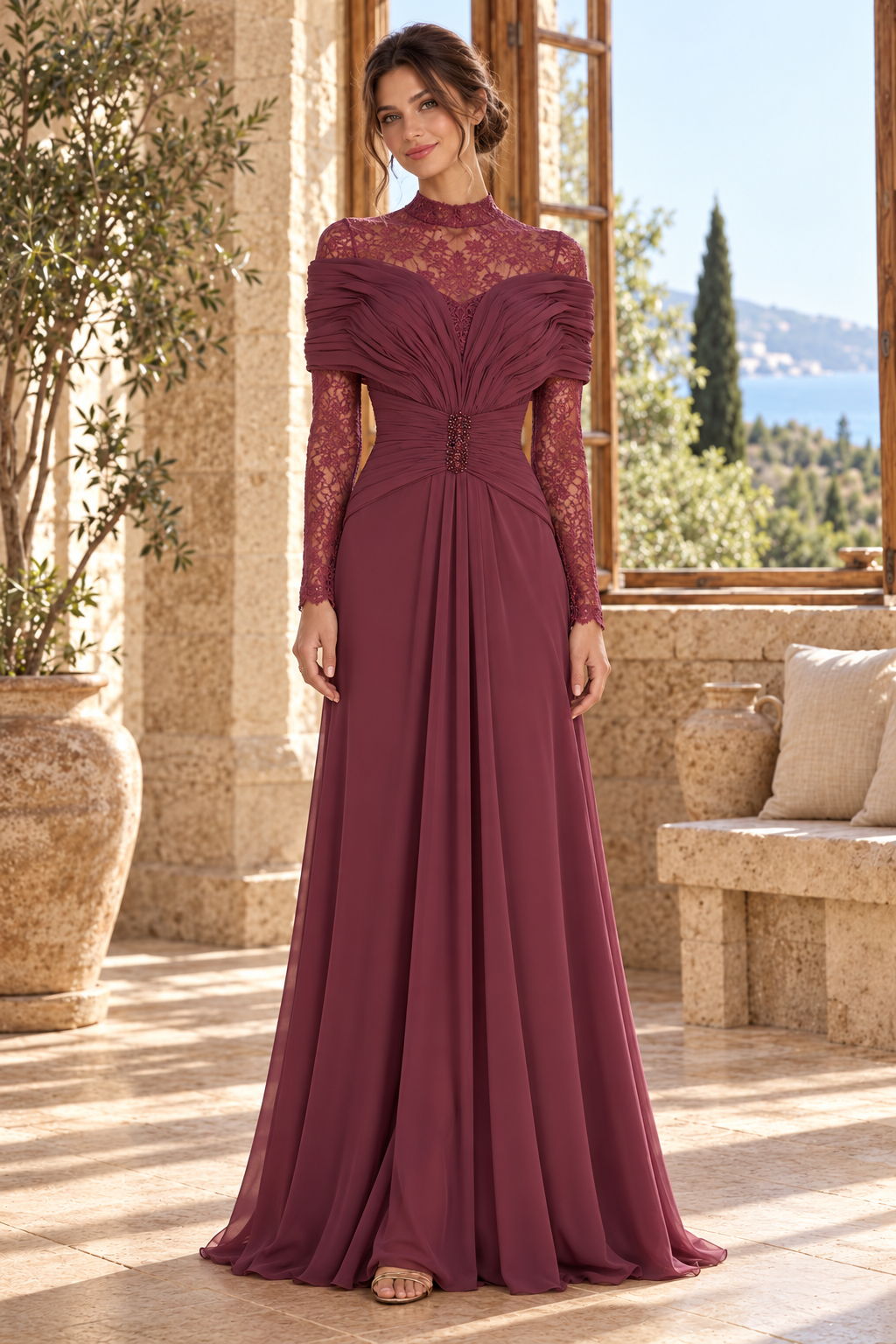 Lace High Neck Ruched Bodice Evening Gown