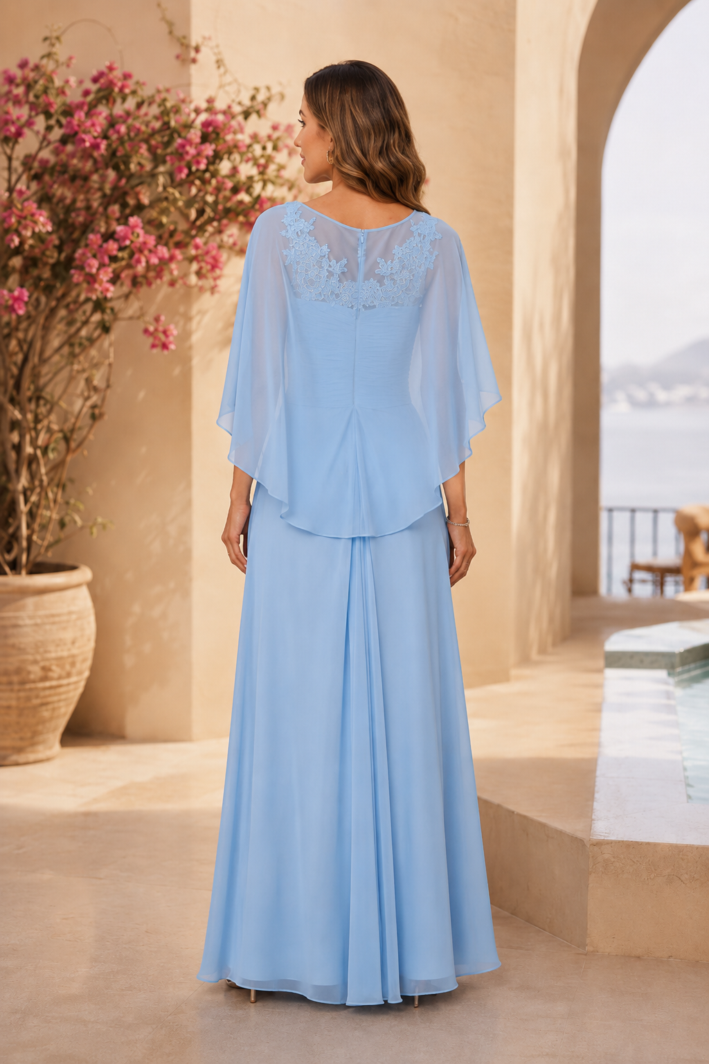 Lace Bodice Chiffon Gown with Asymmetrical Cape