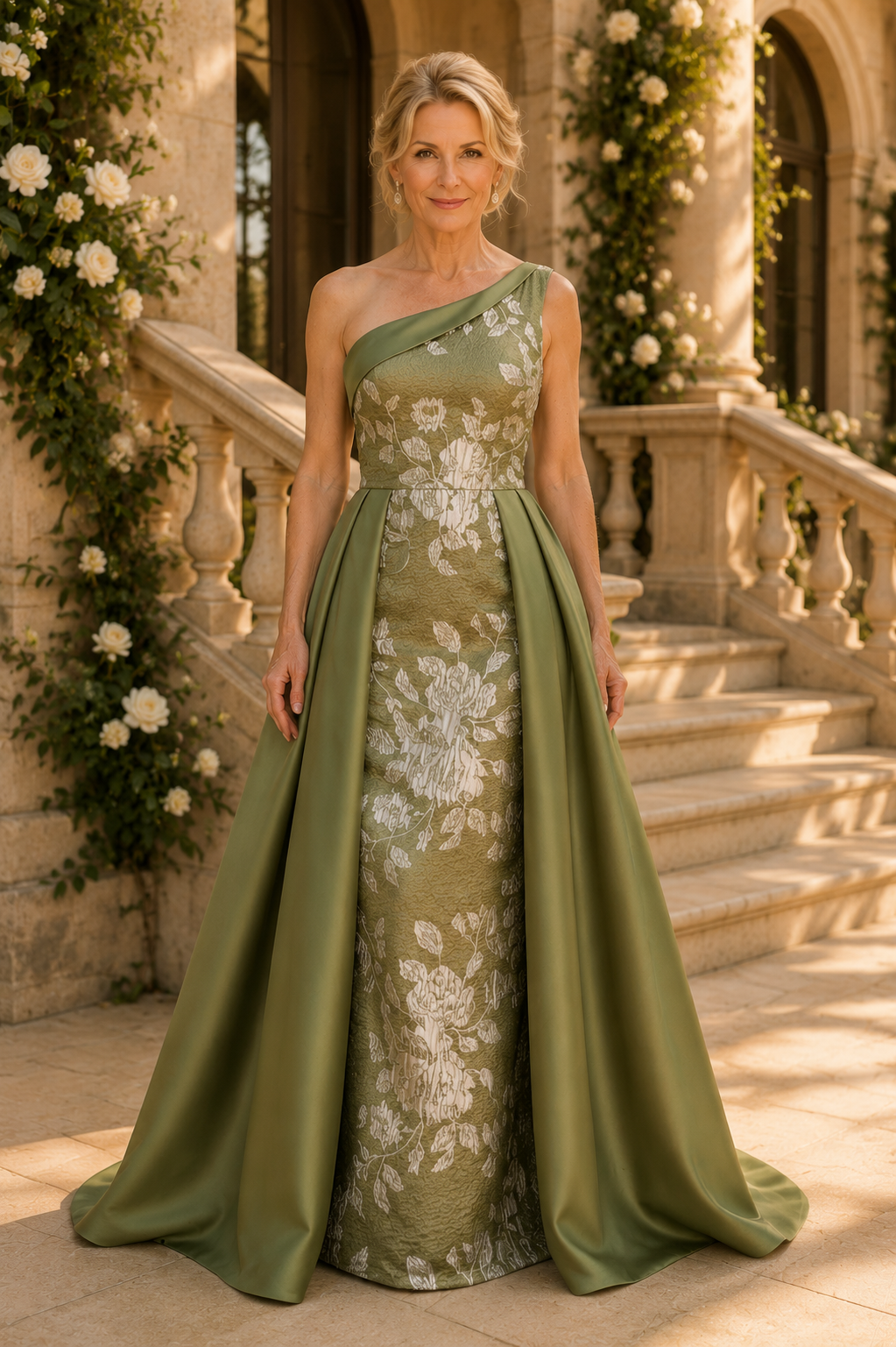 One-Shoulder Floral Jacquard Gown with Overskirt