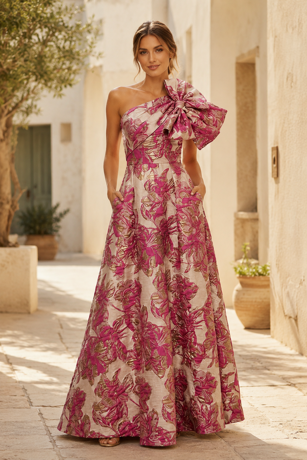 One-Shoulder Floral Brocade A-Line Gown