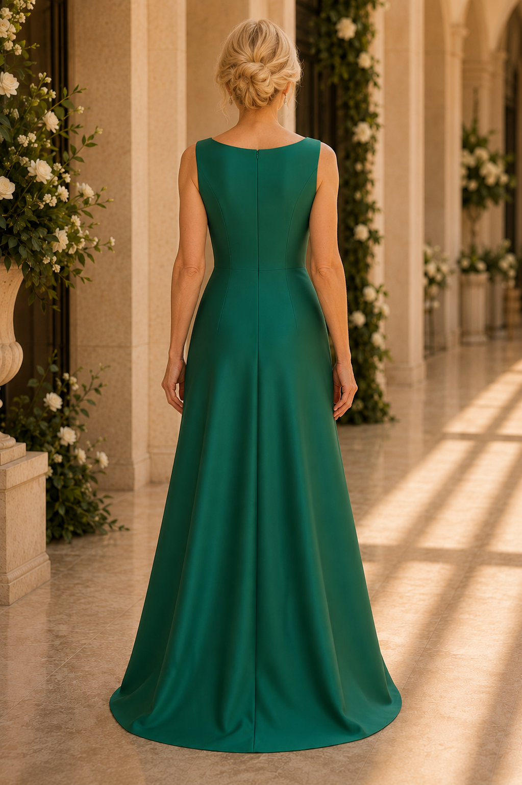 Pleated Inset High-Low Gown with Brooch Detail