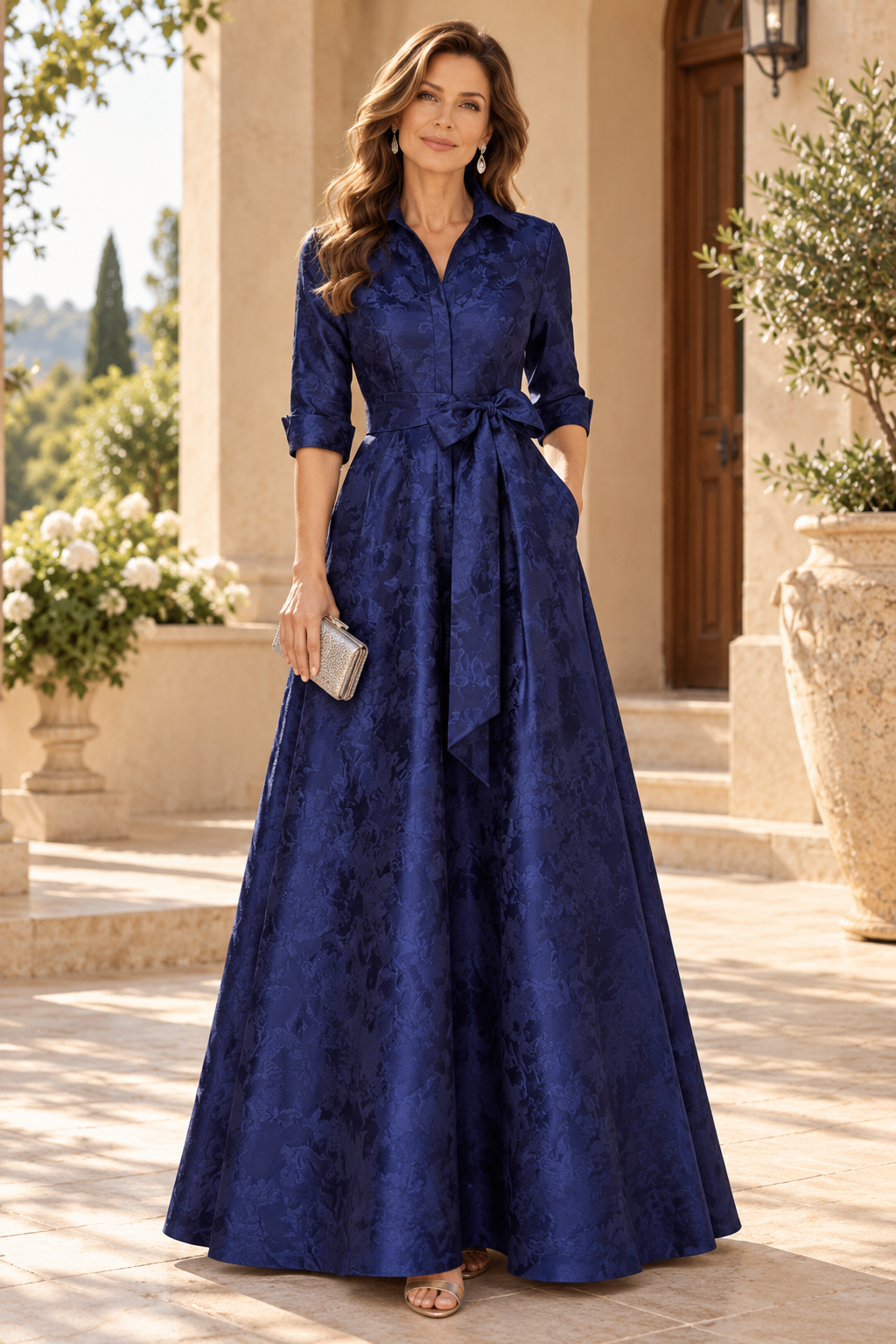 Collared Jacquard A-Line Gown with Sash Belt