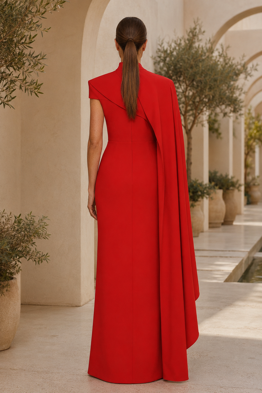 Asymmetrical Cape High Neck Column Evening Gown