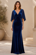 Velvet V-Neck Evening Gown with Flutter Sleeves
