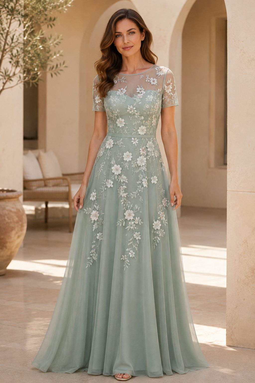 Embroidered Floral Illusion A-Line Maxi Dress