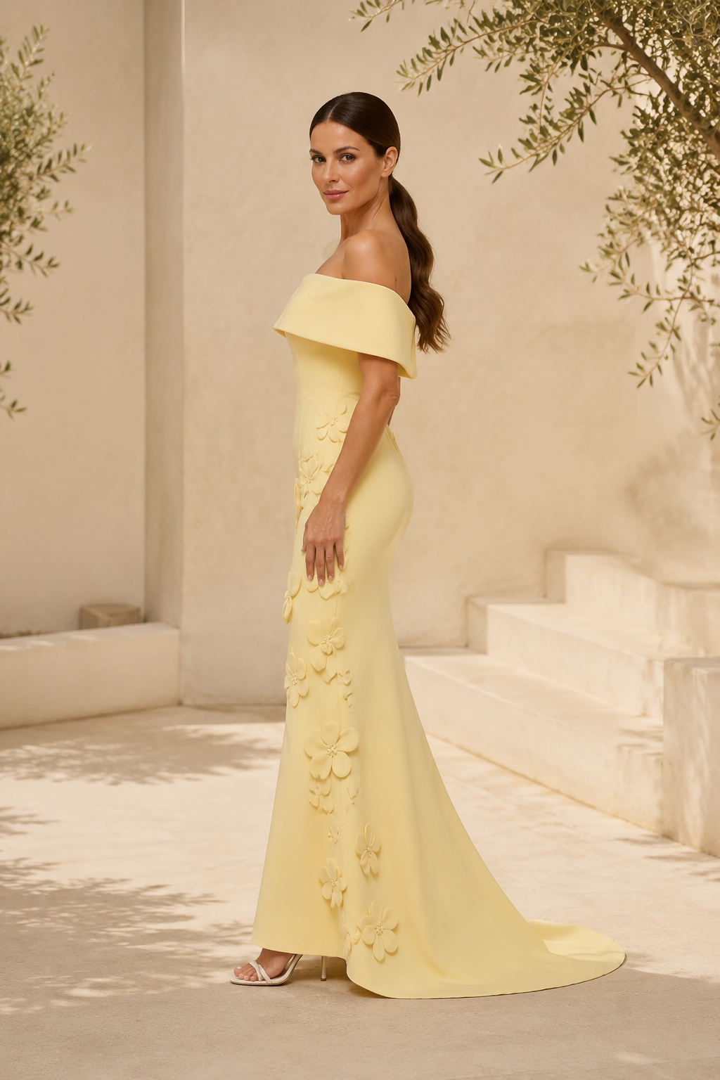 Off-the-Shoulder Mermaid Gown with 3D Floral Appliques