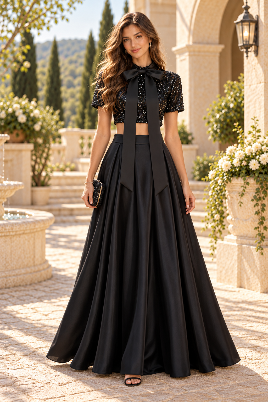 Sequin Crop Top Gown with Dual Slit Skirt