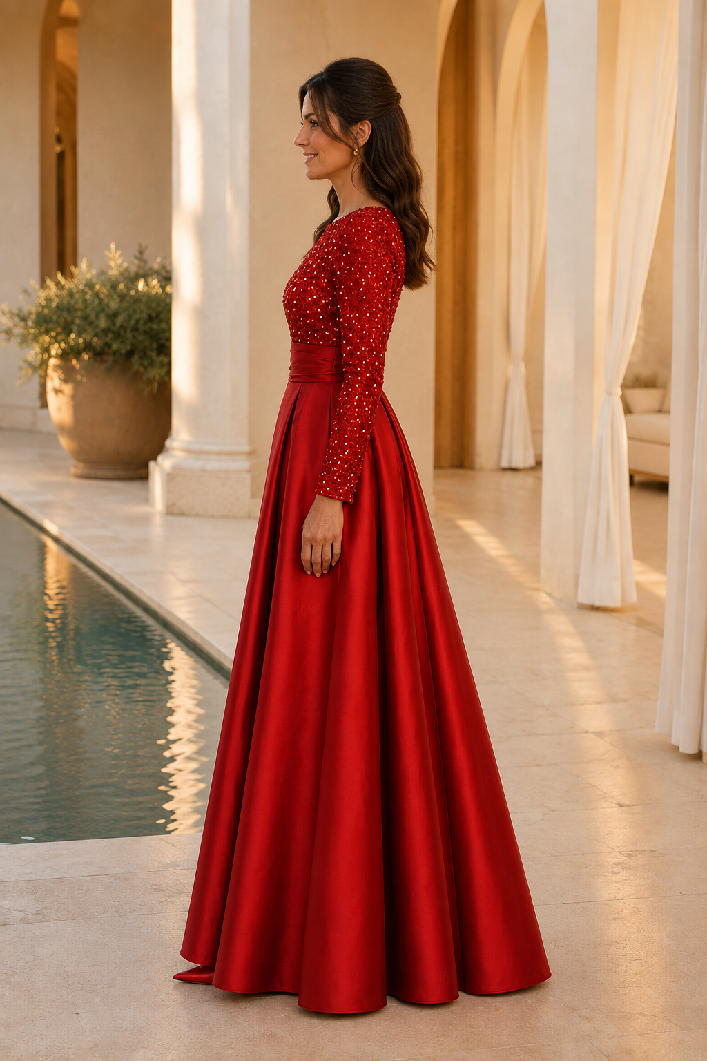 Beaded Long Sleeve Pleated Satin Ball Gown