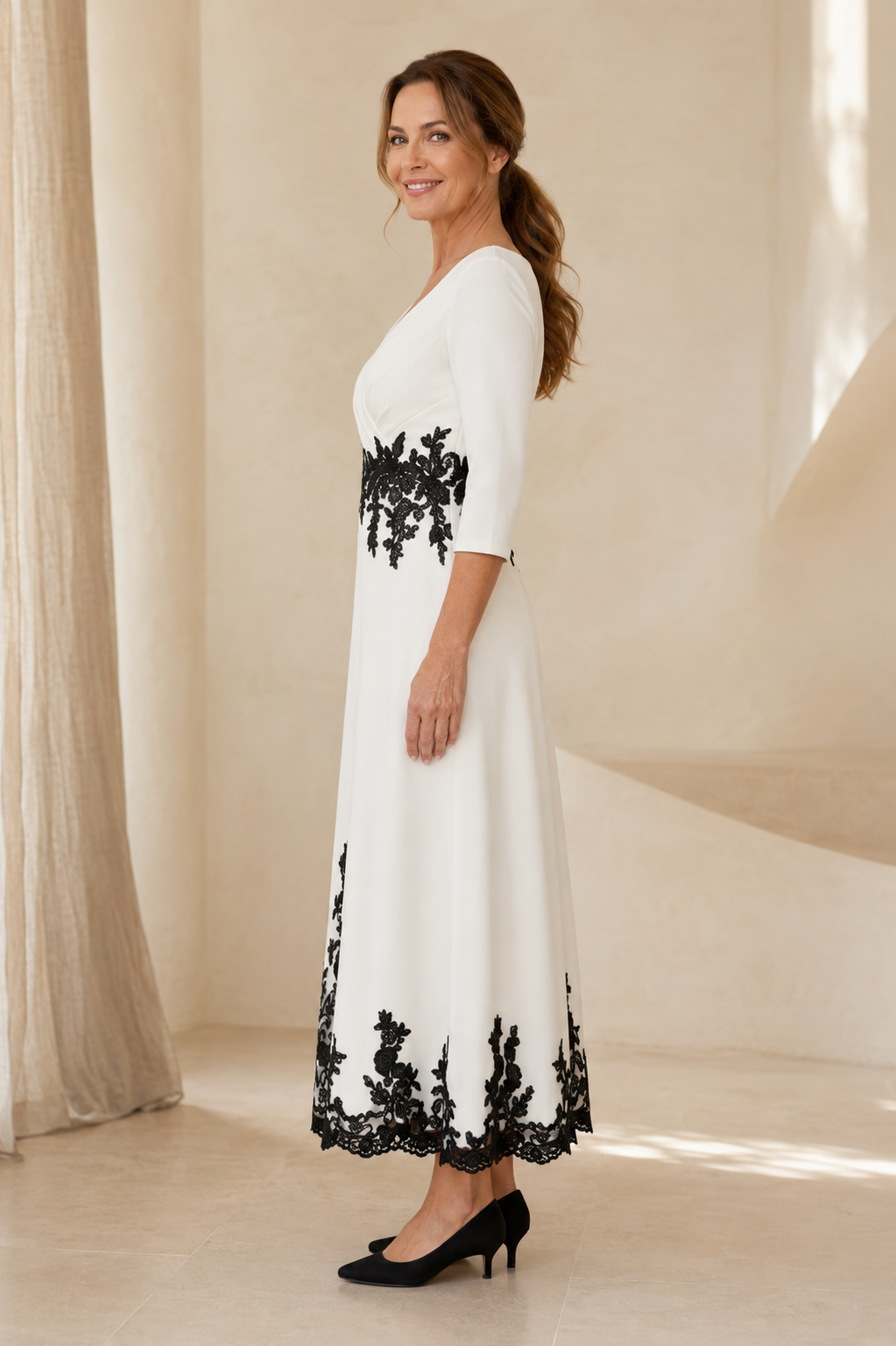 A-Line Midi Dress with Black Lace Appliqué Trim