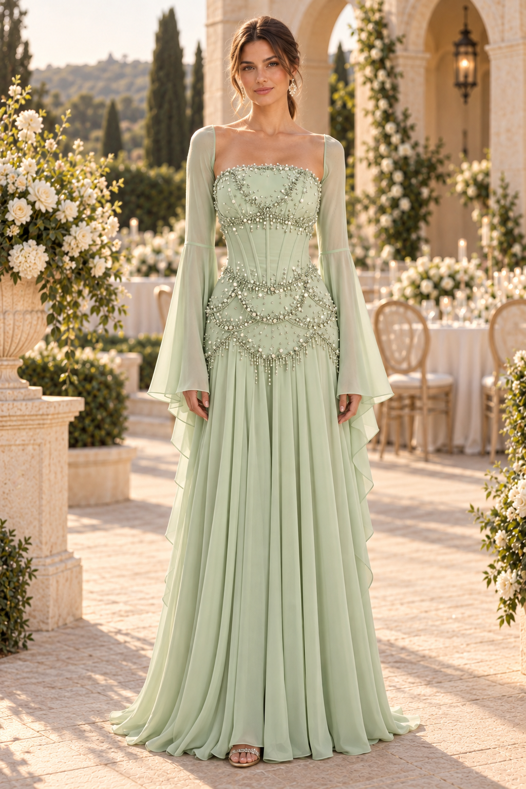 Beaded Corset Evening Gown with Flared Sleeves