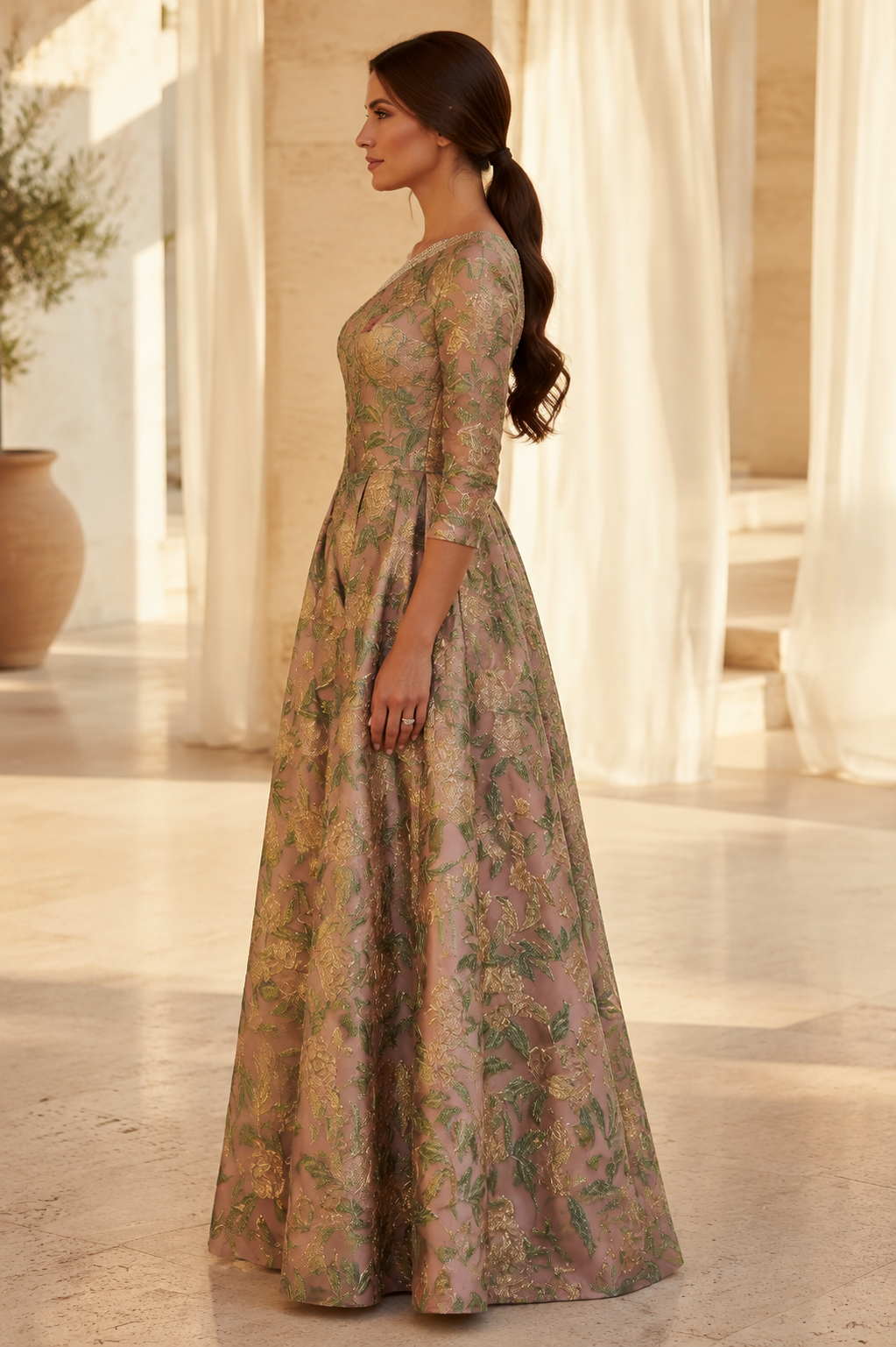 Floral Jacquard Gown with Beaded Asymmetrical Neckline
