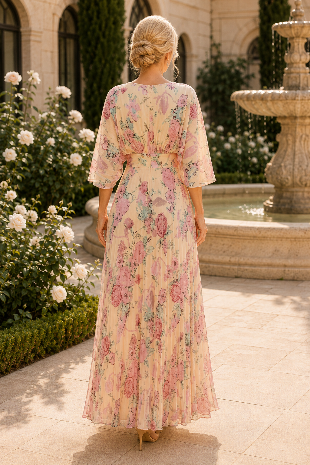 Floral Print Pleated Maxi Dress with Bell Sleeves