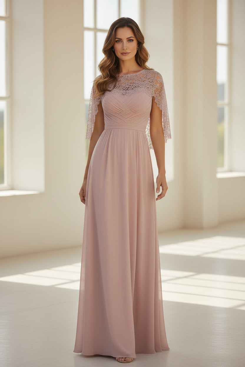 Lace Cape Sleeve Chiffon Evening Gown