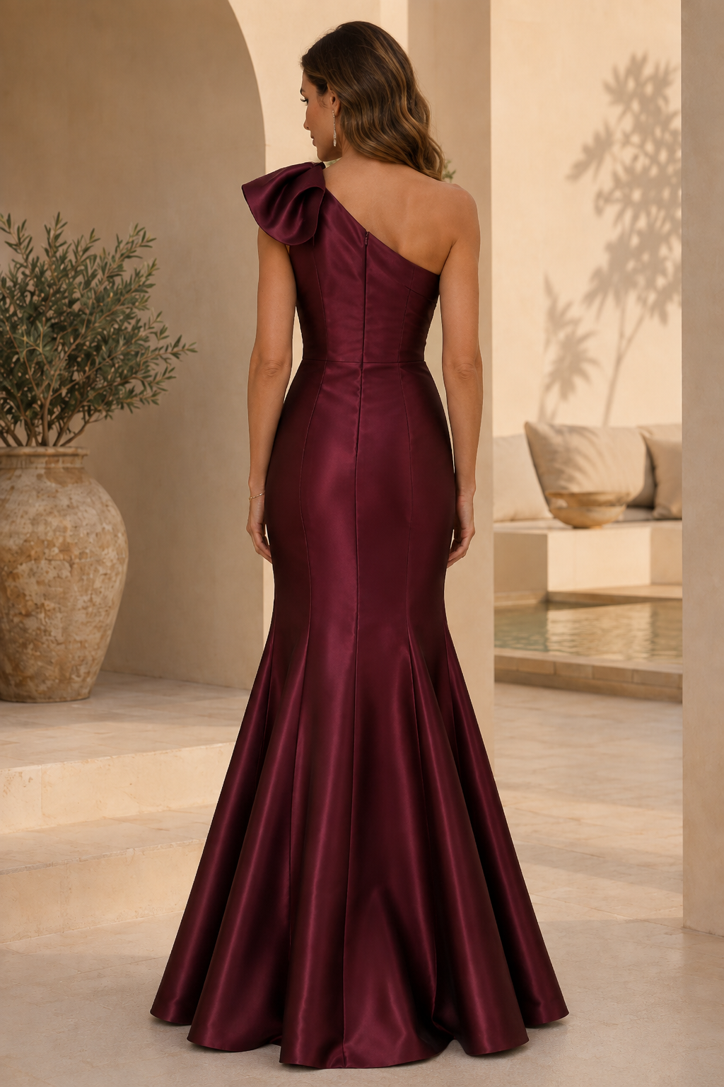 One-Shoulder Floral Accent Satin Mermaid Gown