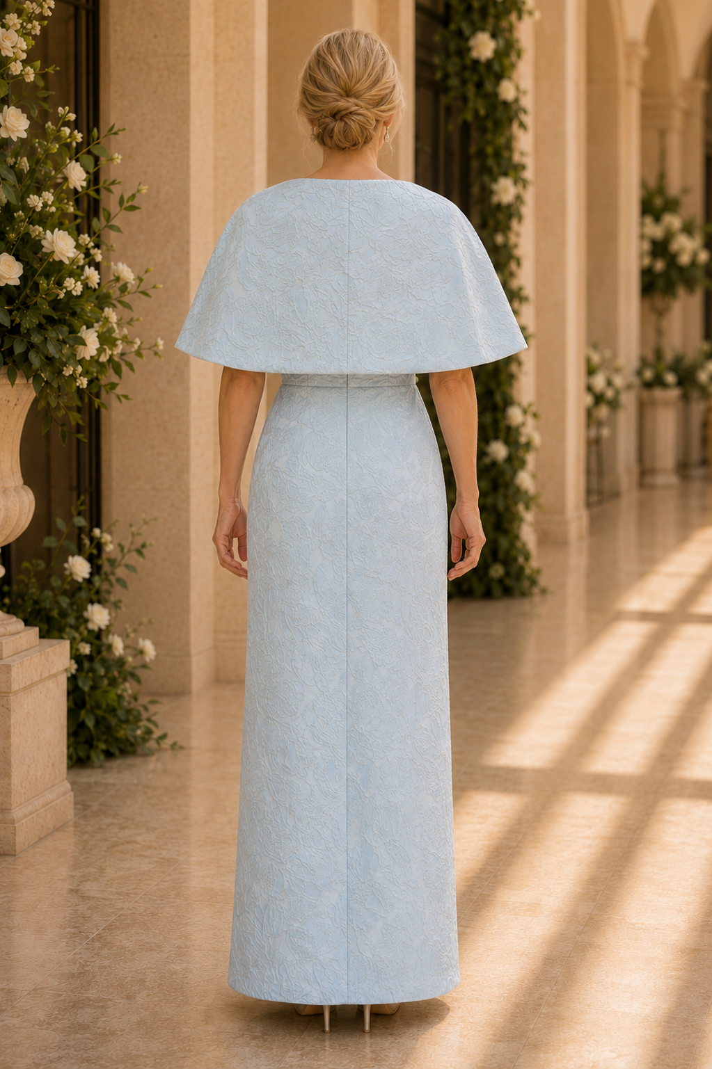 Jacquard Column Gown with Capelet and Bow Detail