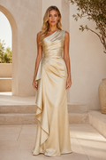 One-Shoulder Ruched Satin Gown with Side Drape