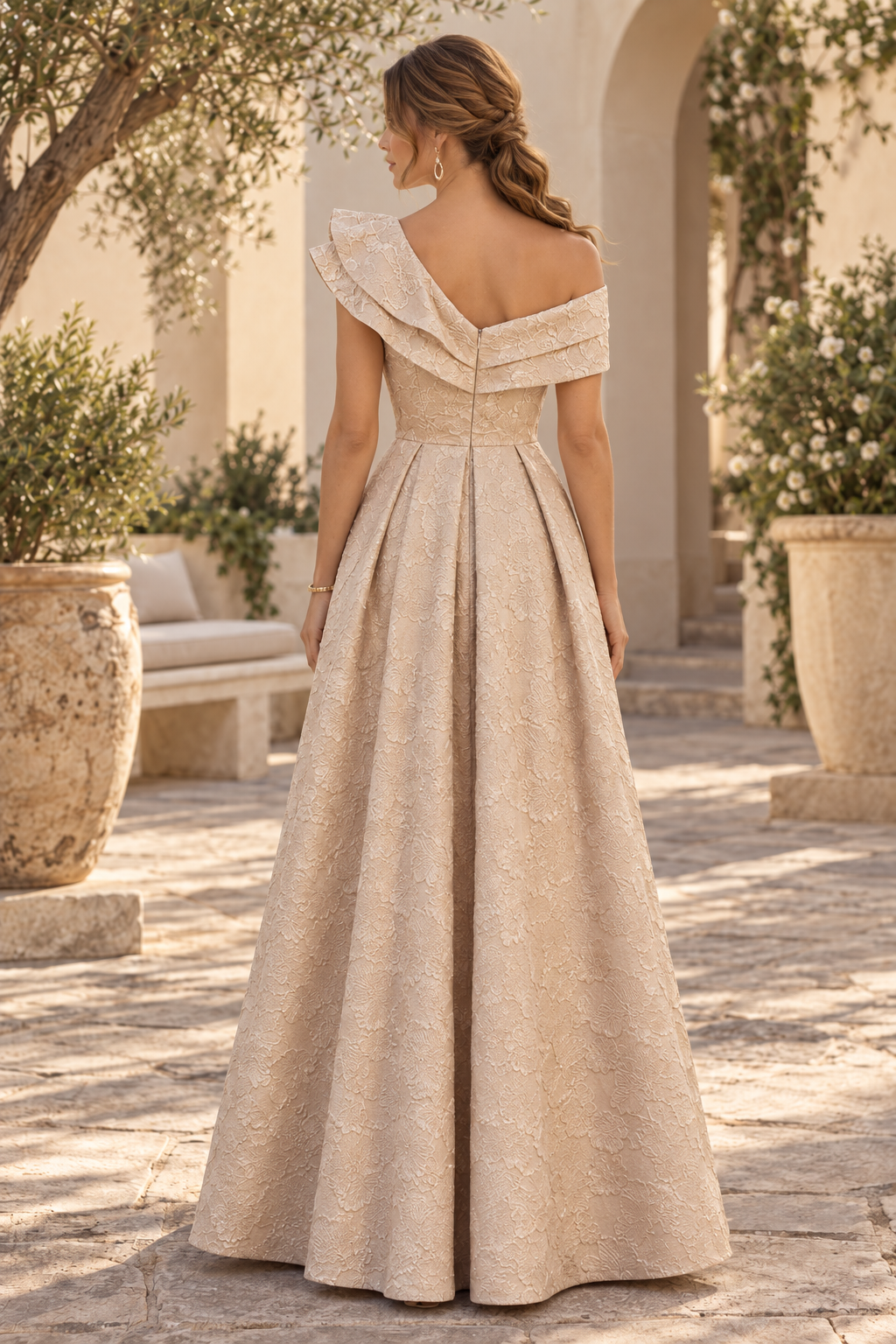 Asymmetrical Neckline Pleated A-Line Gown