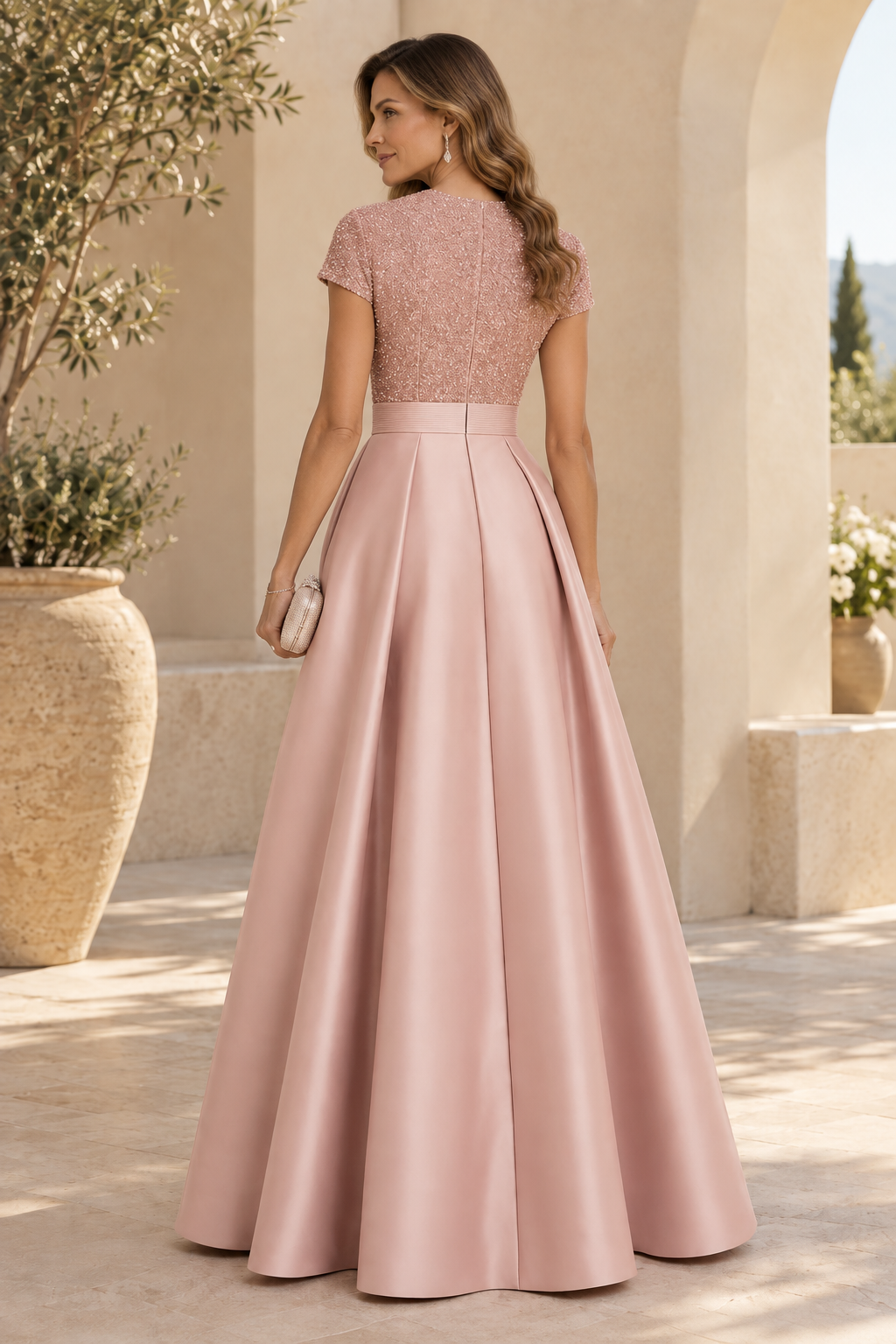 Beaded Bodice A-Line Gown with Pleated Skirt