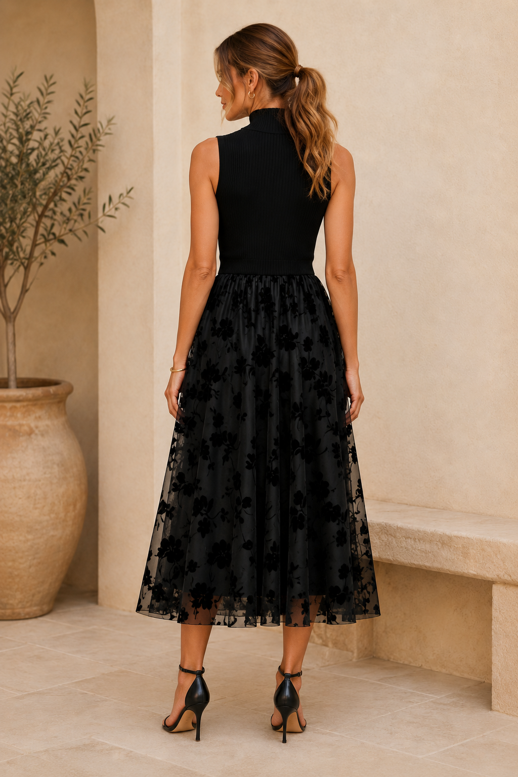 Ribbed Knit High Neck Midi Dress with Tulle Skirt