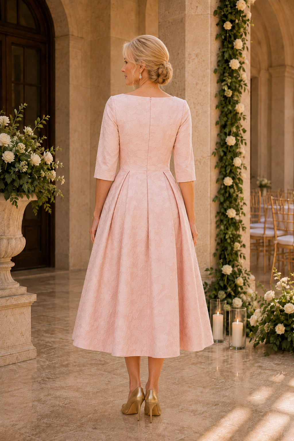 Jacquard Tea-Length Dress with 3/4 Sleeves